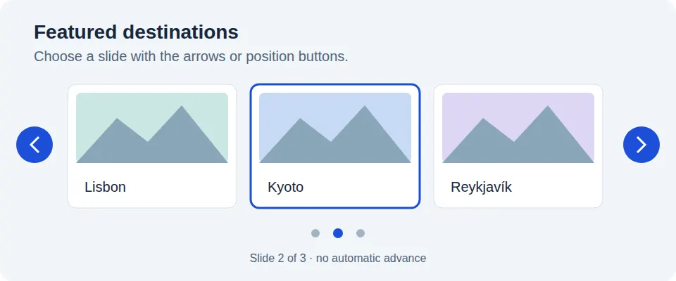 A three-card carousel with previous and next controls and slide 2 selected
