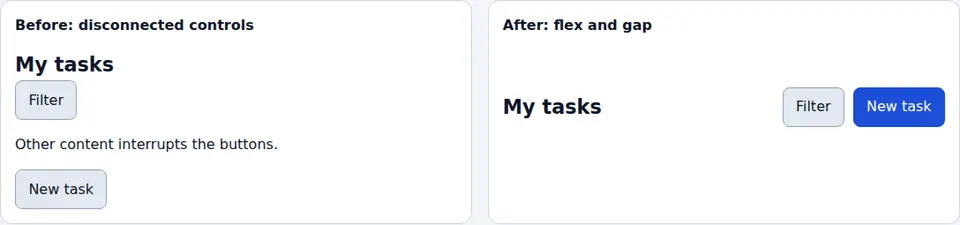Actual browser rendering: scattered controls versus an aligned wrapping toolbar