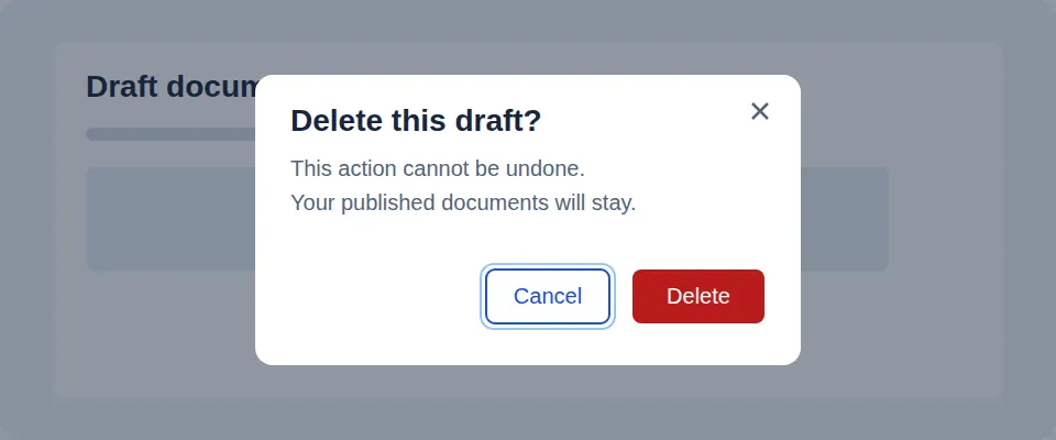 A confirmation dialog with Cancel, Delete and Close controls over a dimmed page