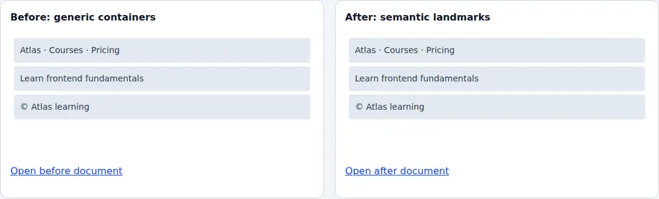 Browser screenshot of the semantic html comparison