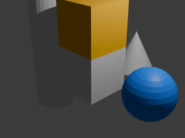 Blender render with a golden cube and blue sphere, created through MCP tools