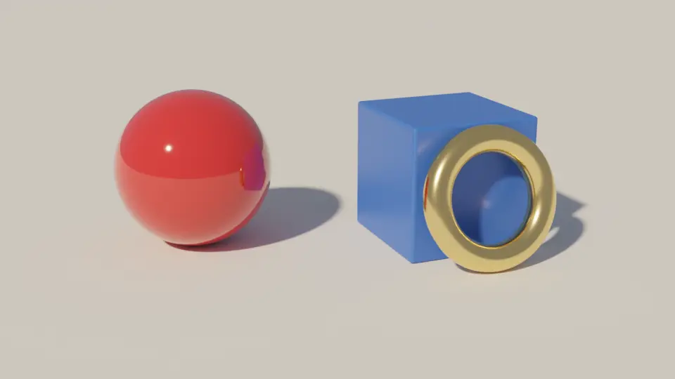 A still life of a red sphere, a blue cube and a gold ring, rendered in Blender from a single sentence
