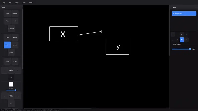 FullScreen Pencil Draw: two labelled boxes being connected on a dark full-screen canvas, with tool and layer panels