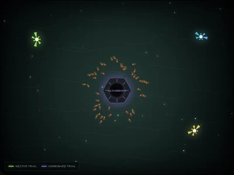The Gloamroot Colony: ants leave the nest and follow glowing pheromone trails to food