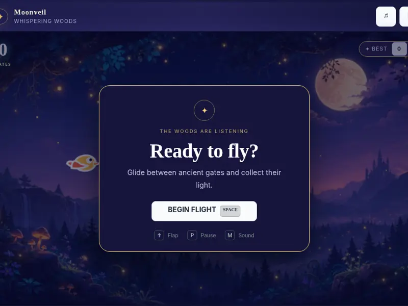 Flight of the Wisp: a moonlit forest with a 'Ready to fly?' start card