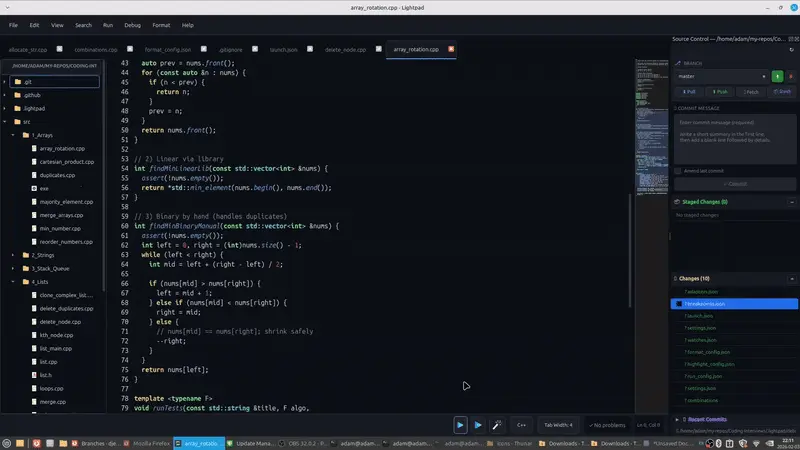 Lightpad editing C++ with a file tree, an output panel and a minimap