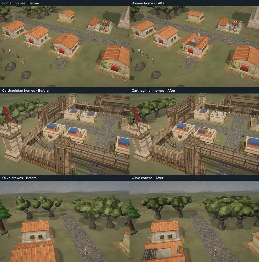 Before-and-after renders of Roman and Carthaginian houses and olive trees in the game's own renderer