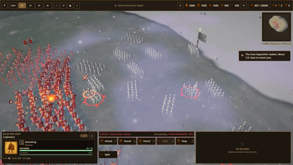 A winter battle in Standard of Iron: formations clash in the snow while the command bar shows the selected unit