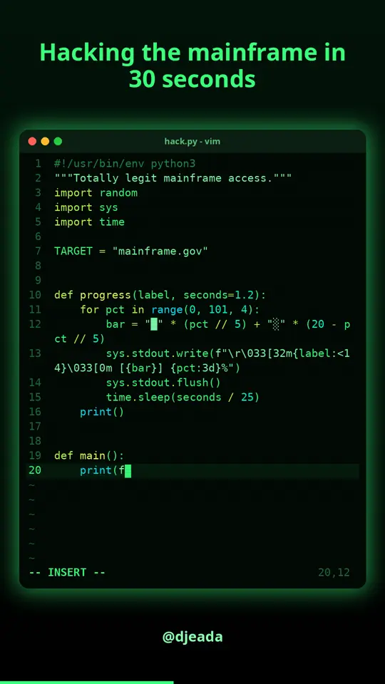 A Type Simulator reel: Python typed into Vim with human-like timing, under the title 'Hacking the mainframe in 30 seconds'
