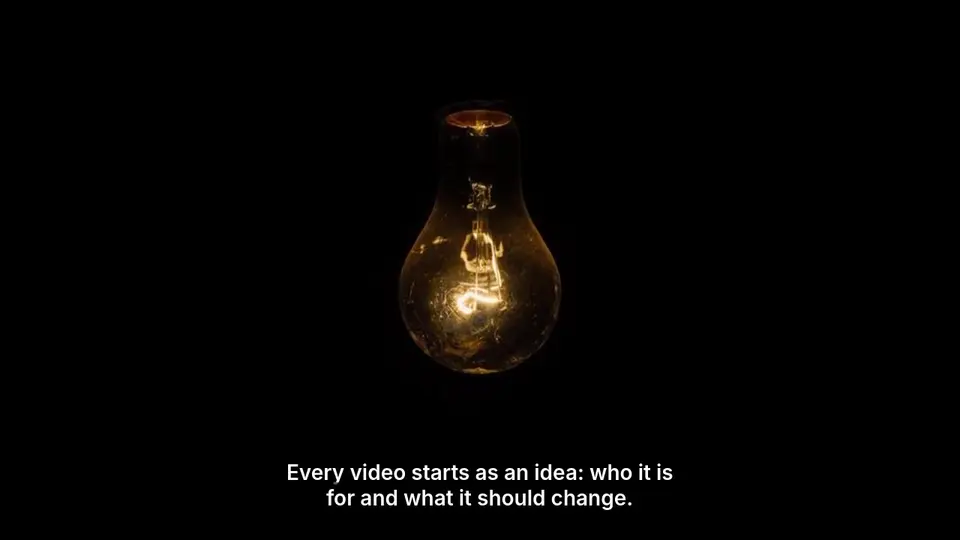A narrated-slides video made from a VideoGenome blueprint: a glowing light bulb with the caption 'Every video starts as an idea'